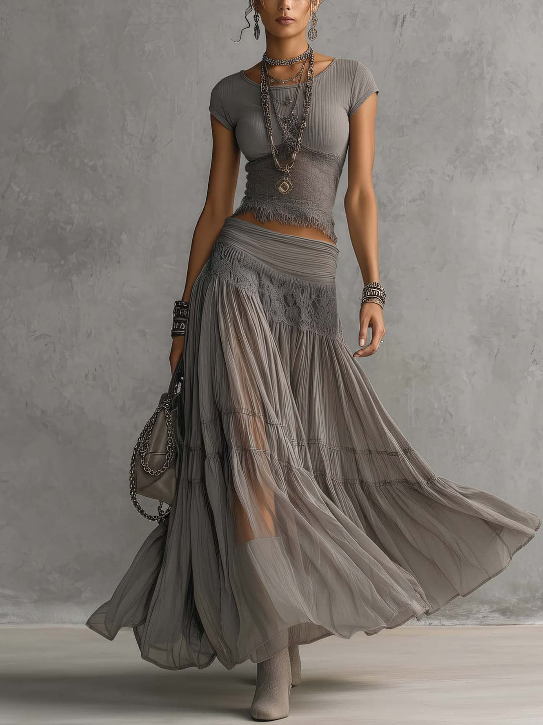 Camille | Elegant Lace Top & Pleated Maxi Skirt Set