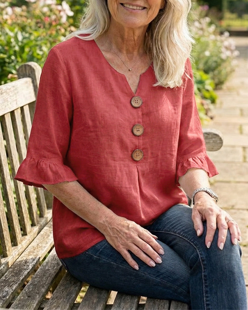 Claudette | Linen Blend Button Detail Ruffle Blouse