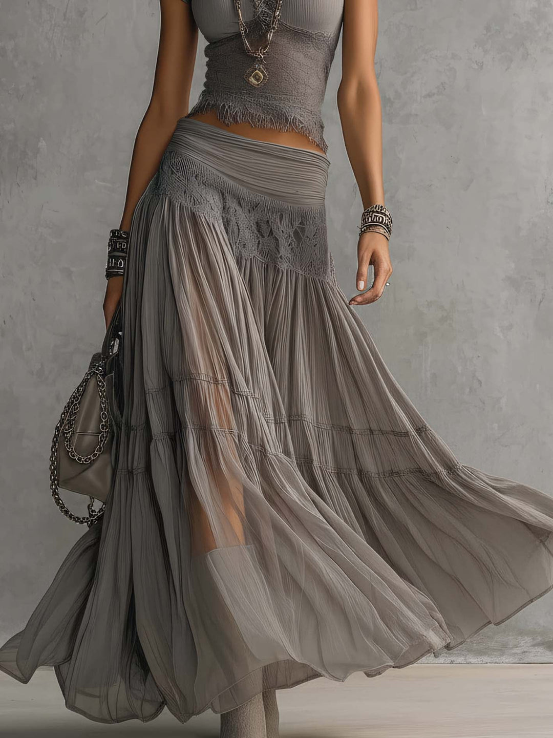 Camille | Elegant Lace Top & Pleated Maxi Skirt Set
