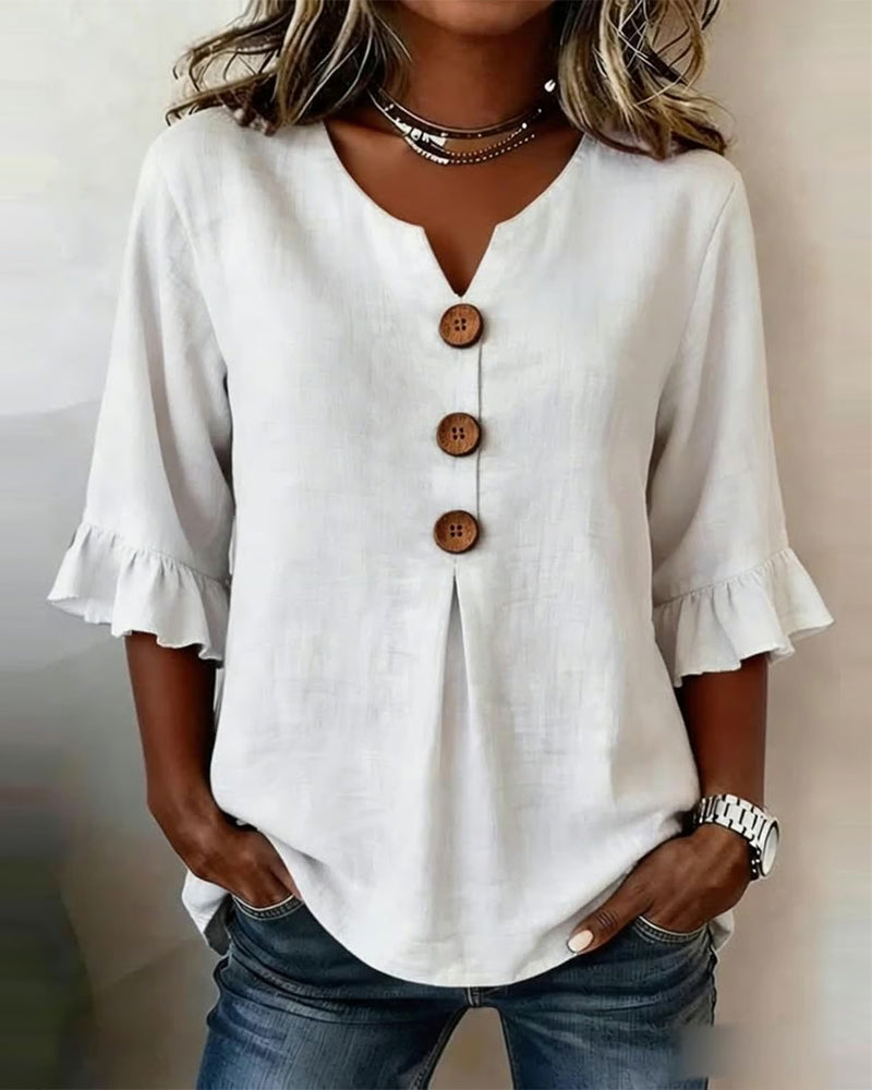 Claudette | Linen Blend Button Detail Ruffle Blouse