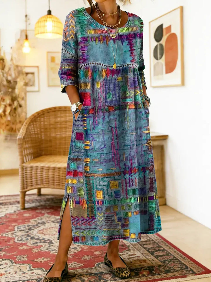 Rosalie | Ethnic Patchwork Denim Midi Dress