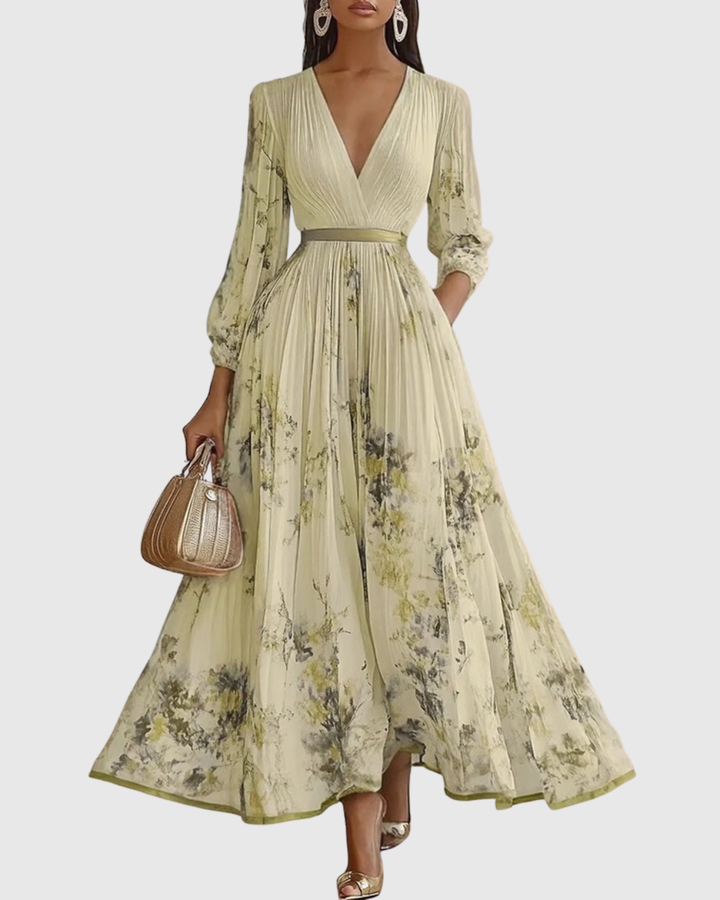 Evelina | Pleated Floral Maxi Dress with Tie Waist