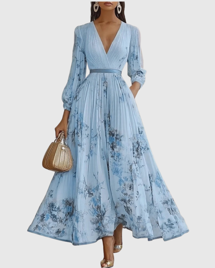 Evelina | Pleated Floral Maxi Dress with Tie Waist