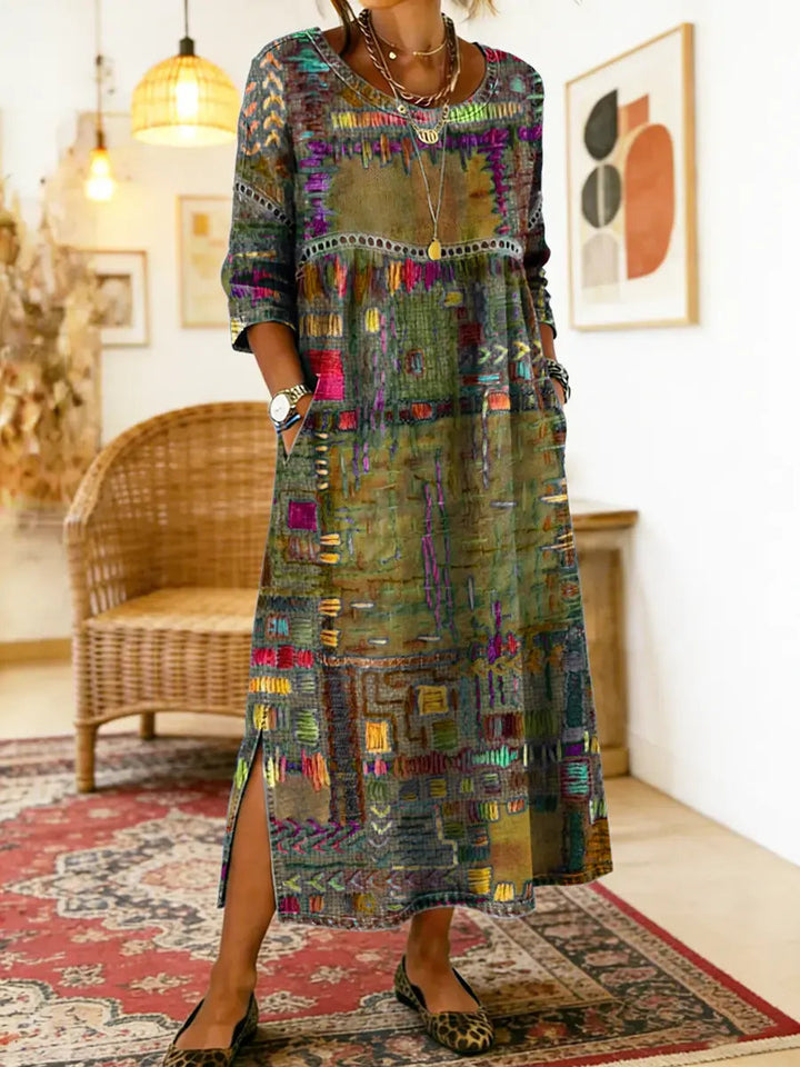 Rosalie | Ethnic Patchwork Denim Midi Dress