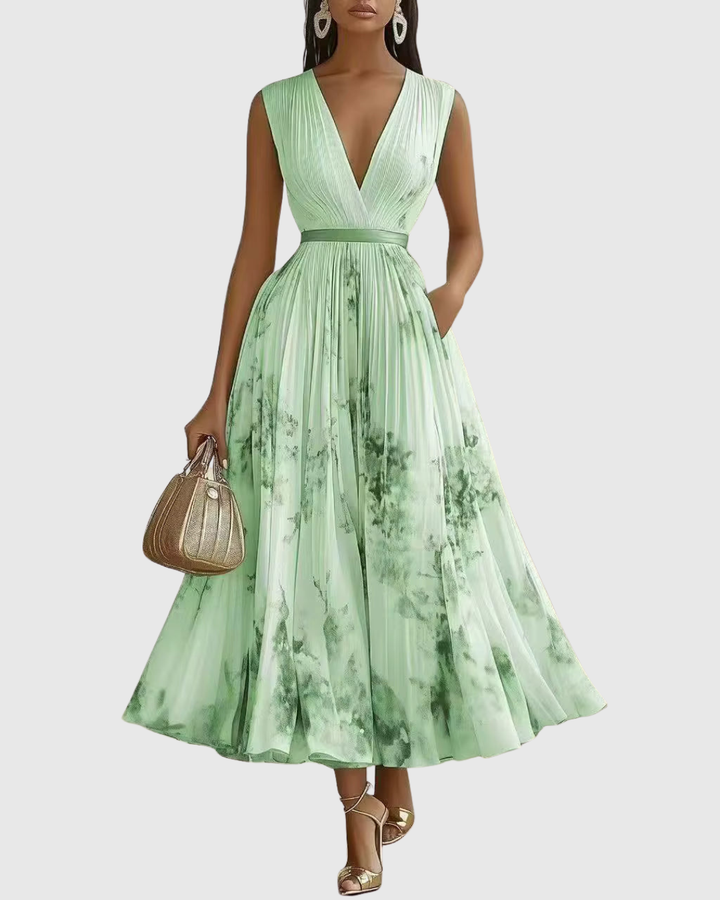 Evelina | Pleated Floral Maxi Dress with Tie Waist