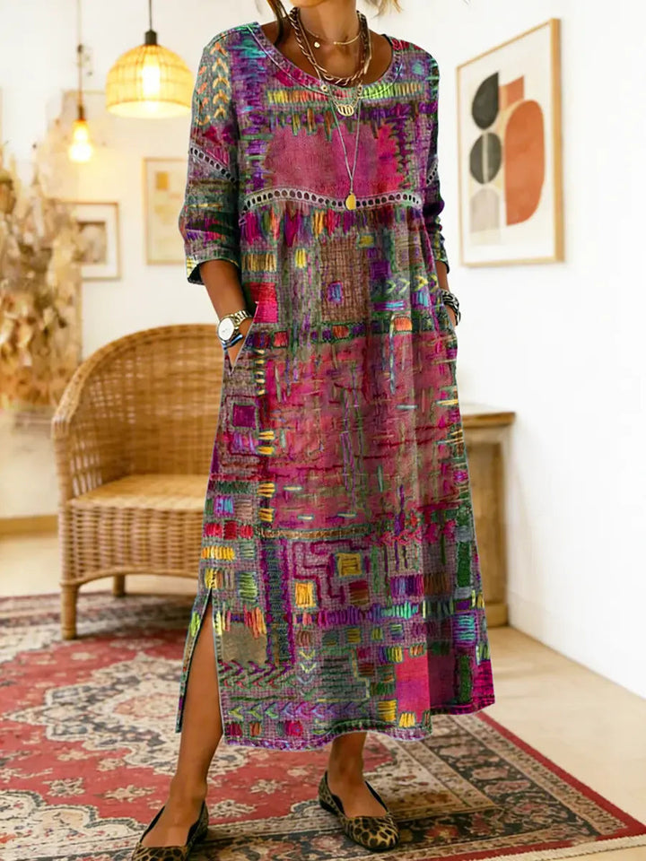 Rosalie | Ethnic Patchwork Denim Midi Dress