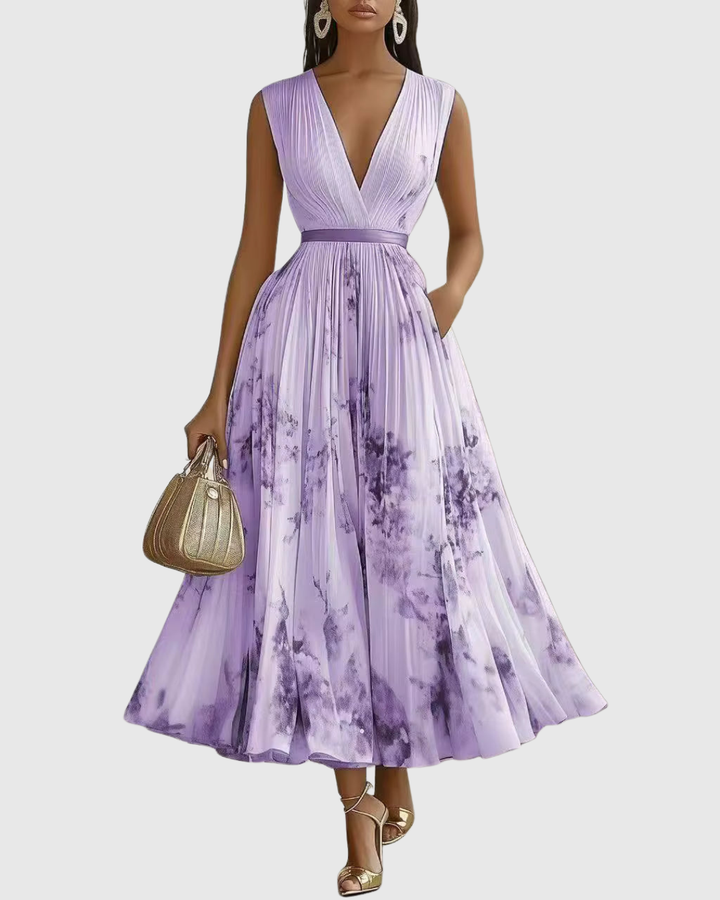 Evelina | Pleated Floral Maxi Dress with Tie Waist