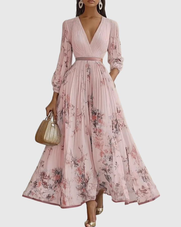Evelina | Pleated Floral Maxi Dress with Tie Waist