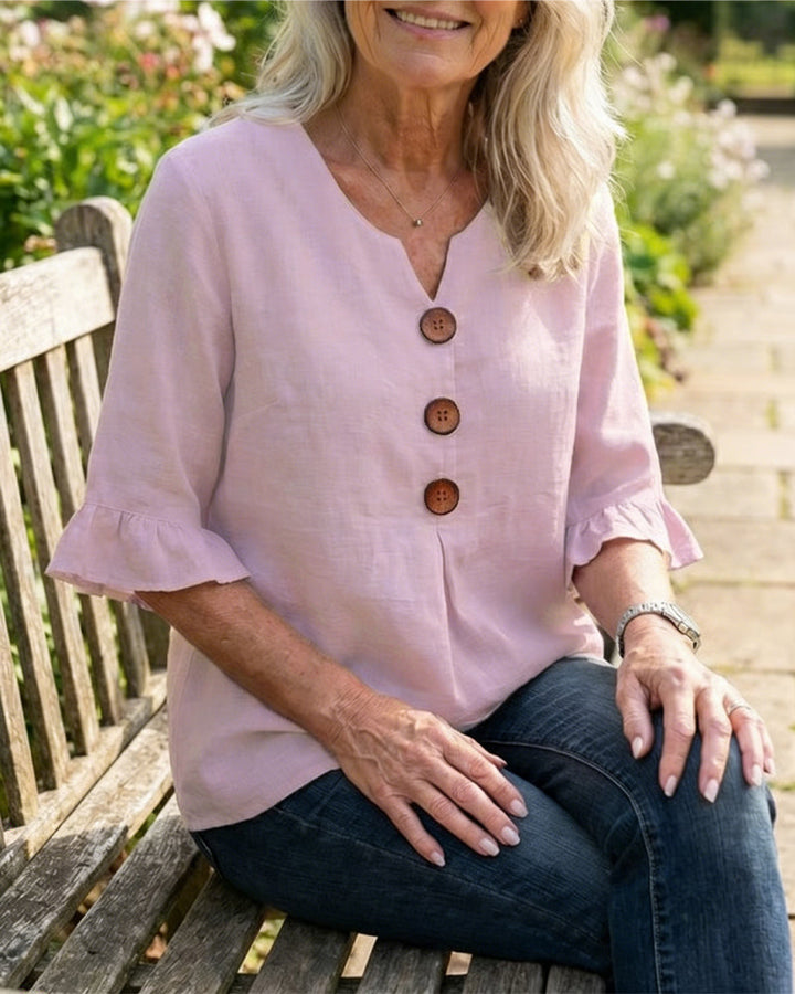 Claudette | Linen Blend Button Detail Ruffle Blouse