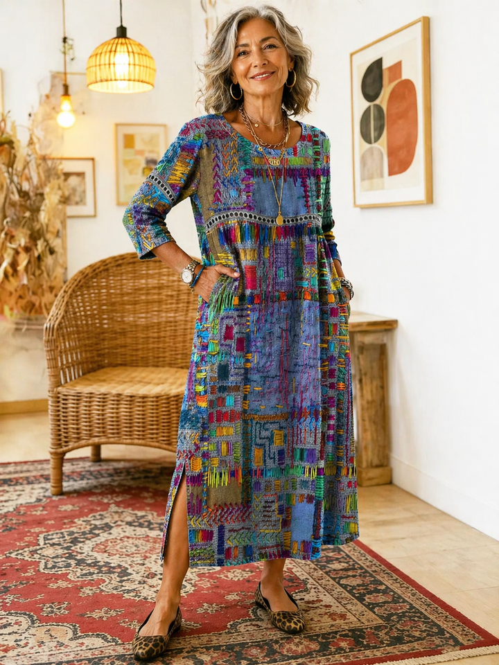 Rosalie | Ethnic Patchwork Denim Midi Dress