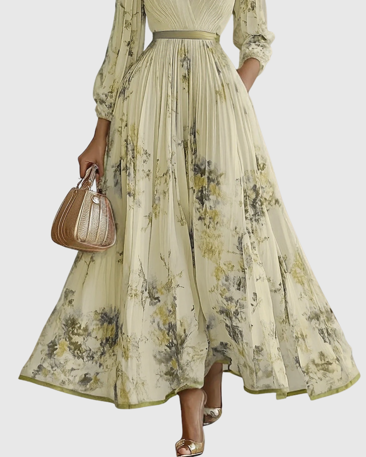 Evelina | Pleated Floral Maxi Dress with Tie Waist