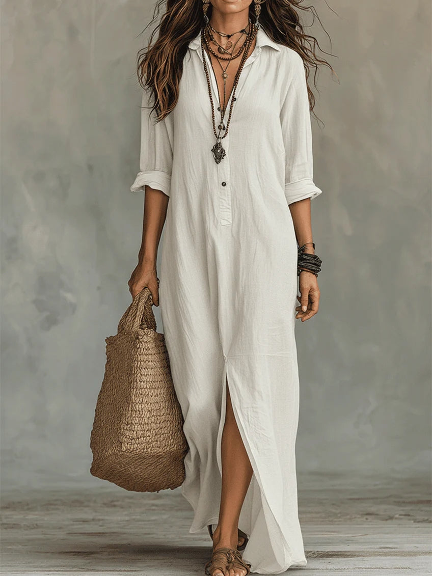 Soline | Relaxed V-Neck Button Maxi Dress