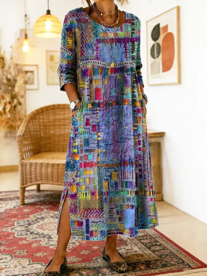 Rosalie | Ethnic Patchwork Denim Midi Dress