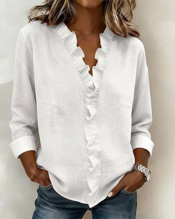 Indi | Blouse with Ruffles, V-Neck and Long Sleeves