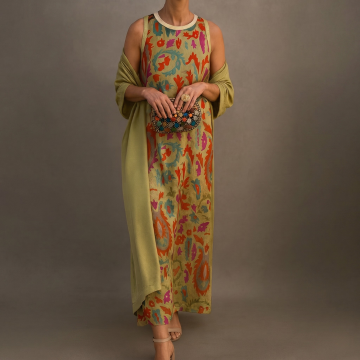 Celestine | Elegant Printed Maxi Dress & Vest Set