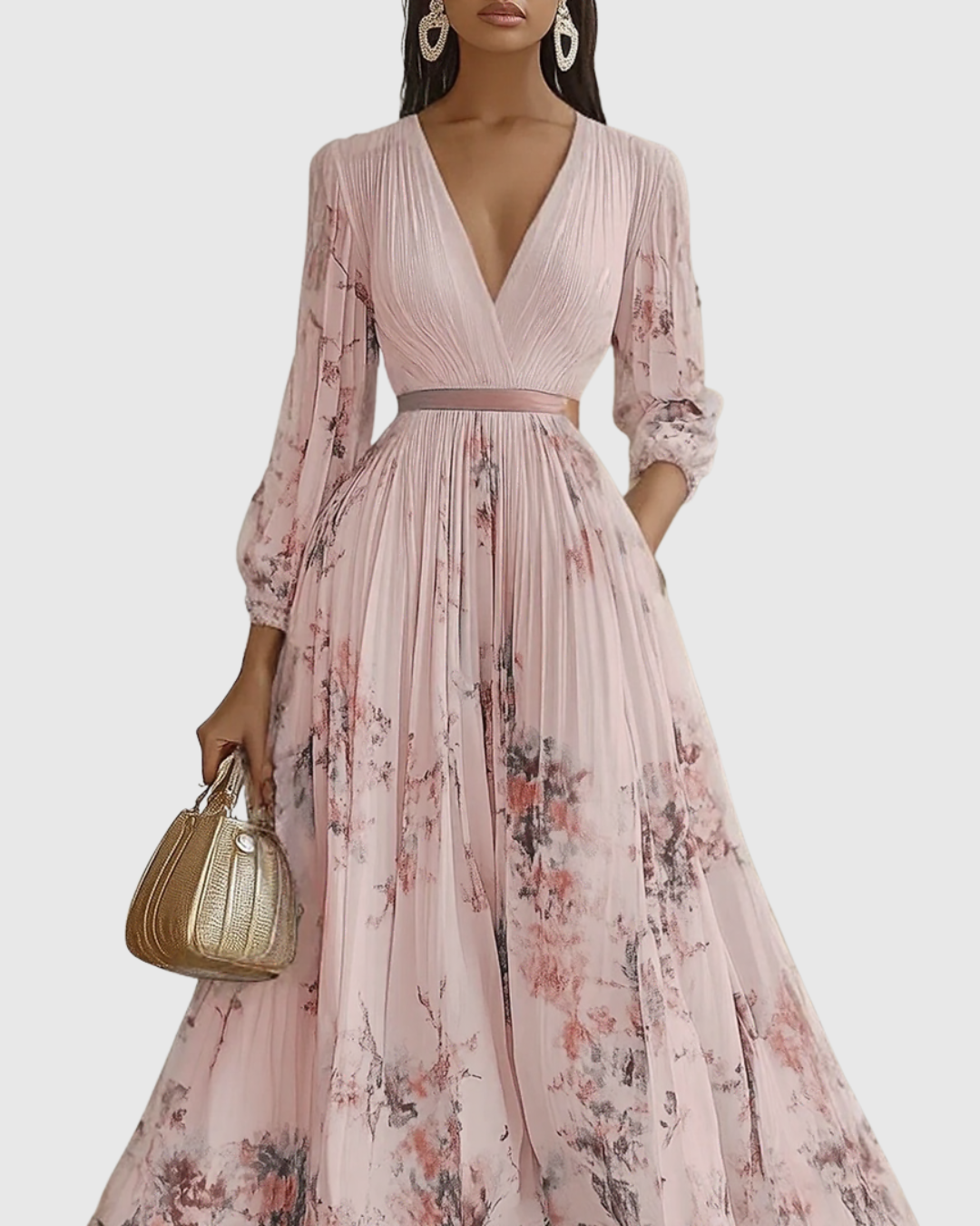 Evelina | Pleated Floral Maxi Dress with Tie Waist