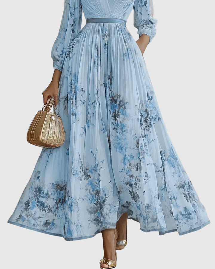 Evelina | Pleated Floral Maxi Dress with Tie Waist