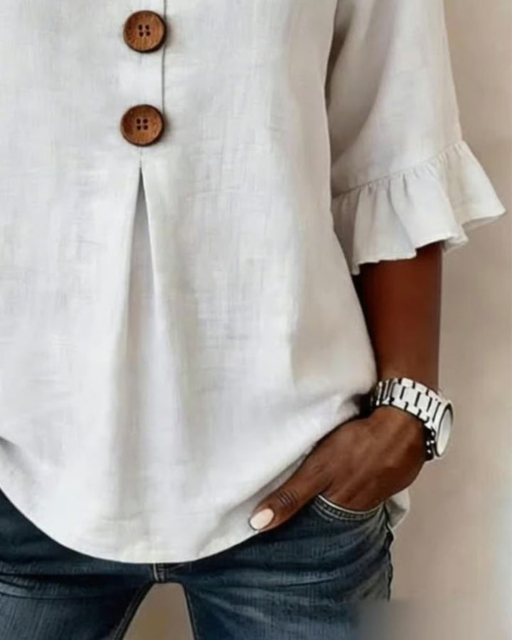 Claudette | Linen Blend Button Detail Ruffle Blouse
