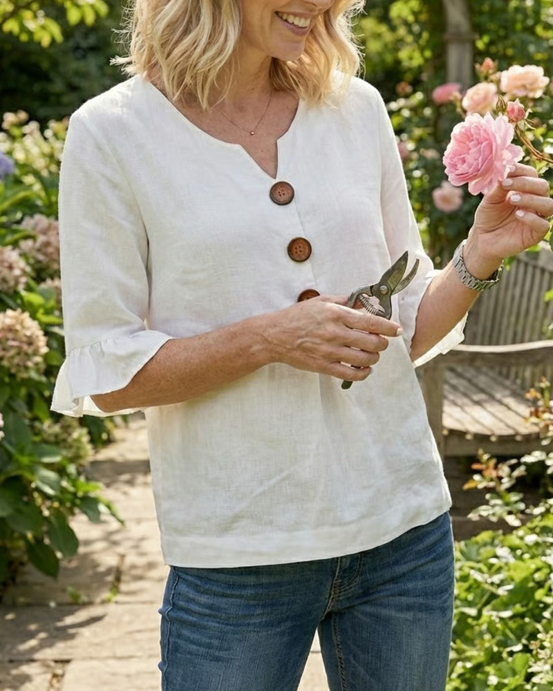 Claudette | Linen Blend Button Detail Ruffle Blouse