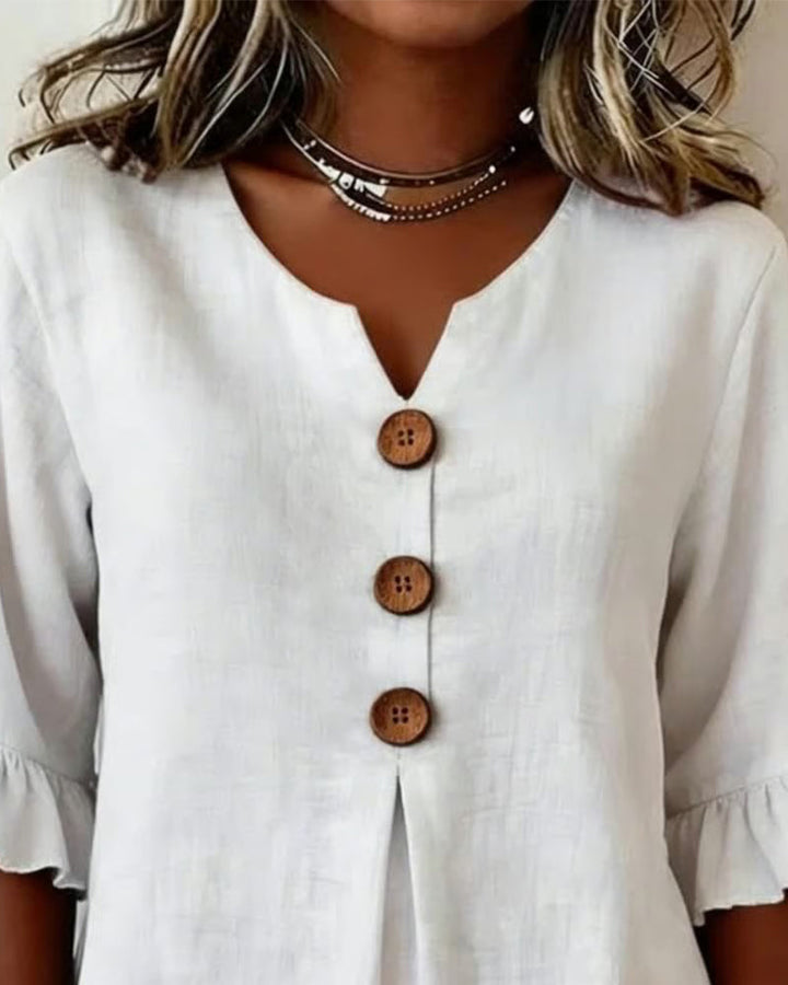 Claudette | Linen Blend Button Detail Ruffle Blouse