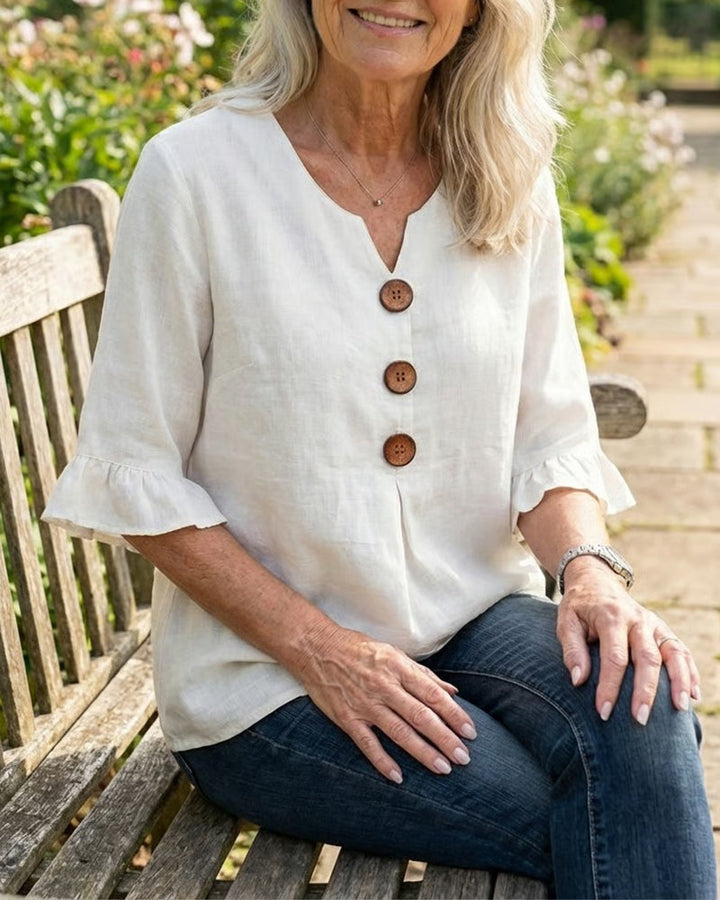 Claudette | Linen Blend Button Detail Ruffle Blouse