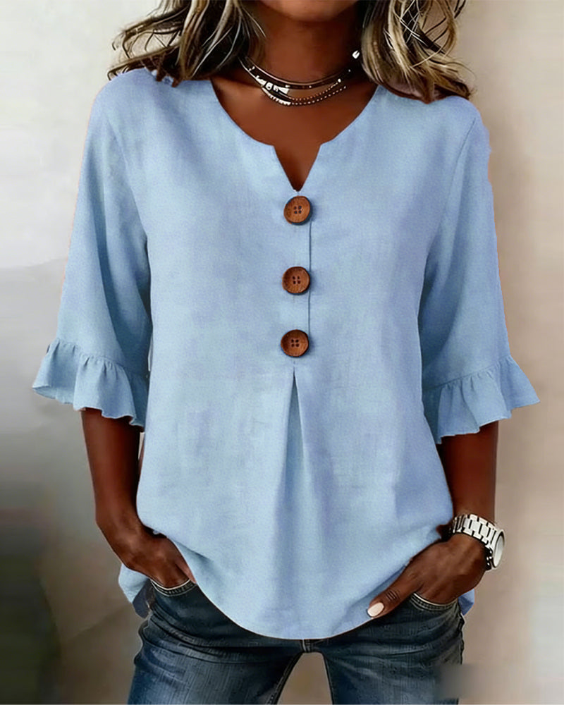 Claudette | Linen Blend Button Detail Ruffle Blouse
