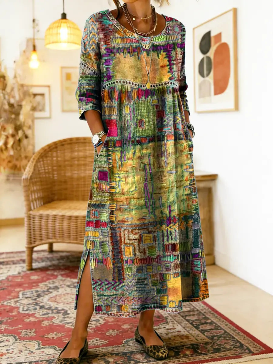 Rosalie | Ethnic Patchwork Denim Midi Dress