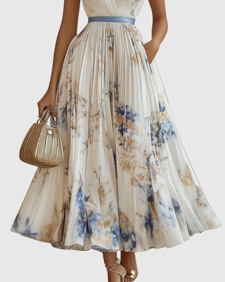 Evelina | Pleated Floral Maxi Dress with Tie Waist
