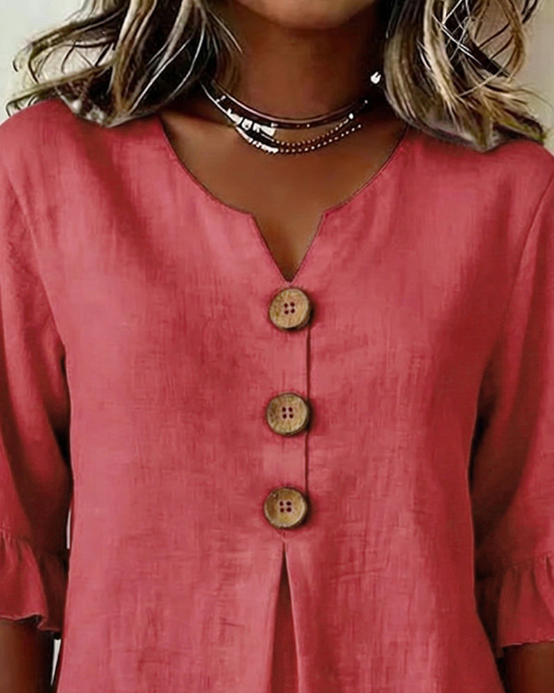 Claudette | Linen Blend Button Detail Ruffle Blouse
