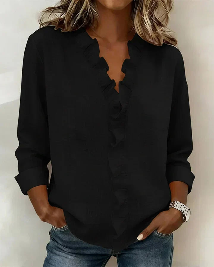 Indi | Blouse with Ruffles, V-Neck and Long Sleeves