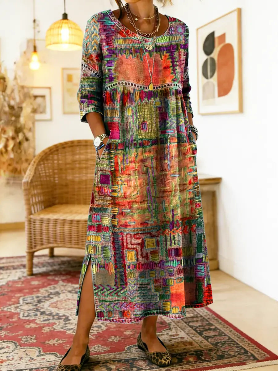 Rosalie | Ethnic Patchwork Denim Midi Dress