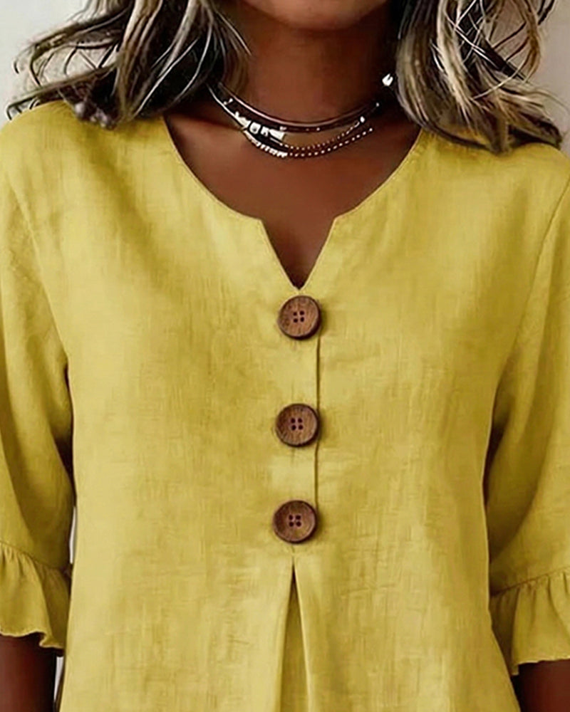 Claudette | Linen Blend Button Detail Ruffle Blouse