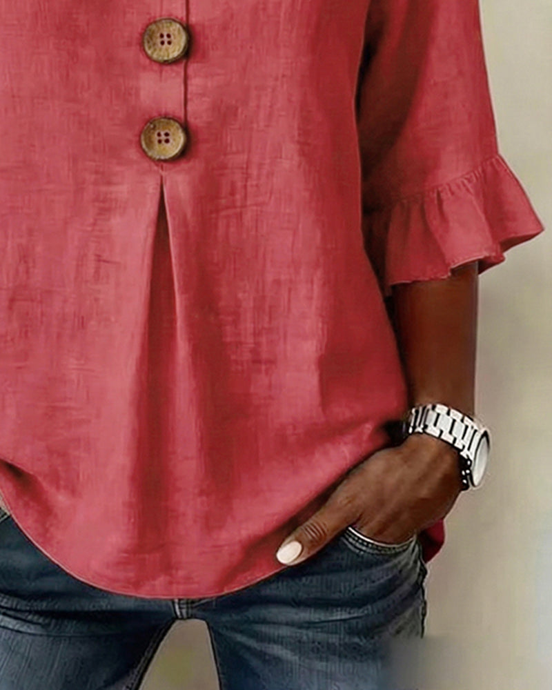 Claudette | Linen Blend Button Detail Ruffle Blouse