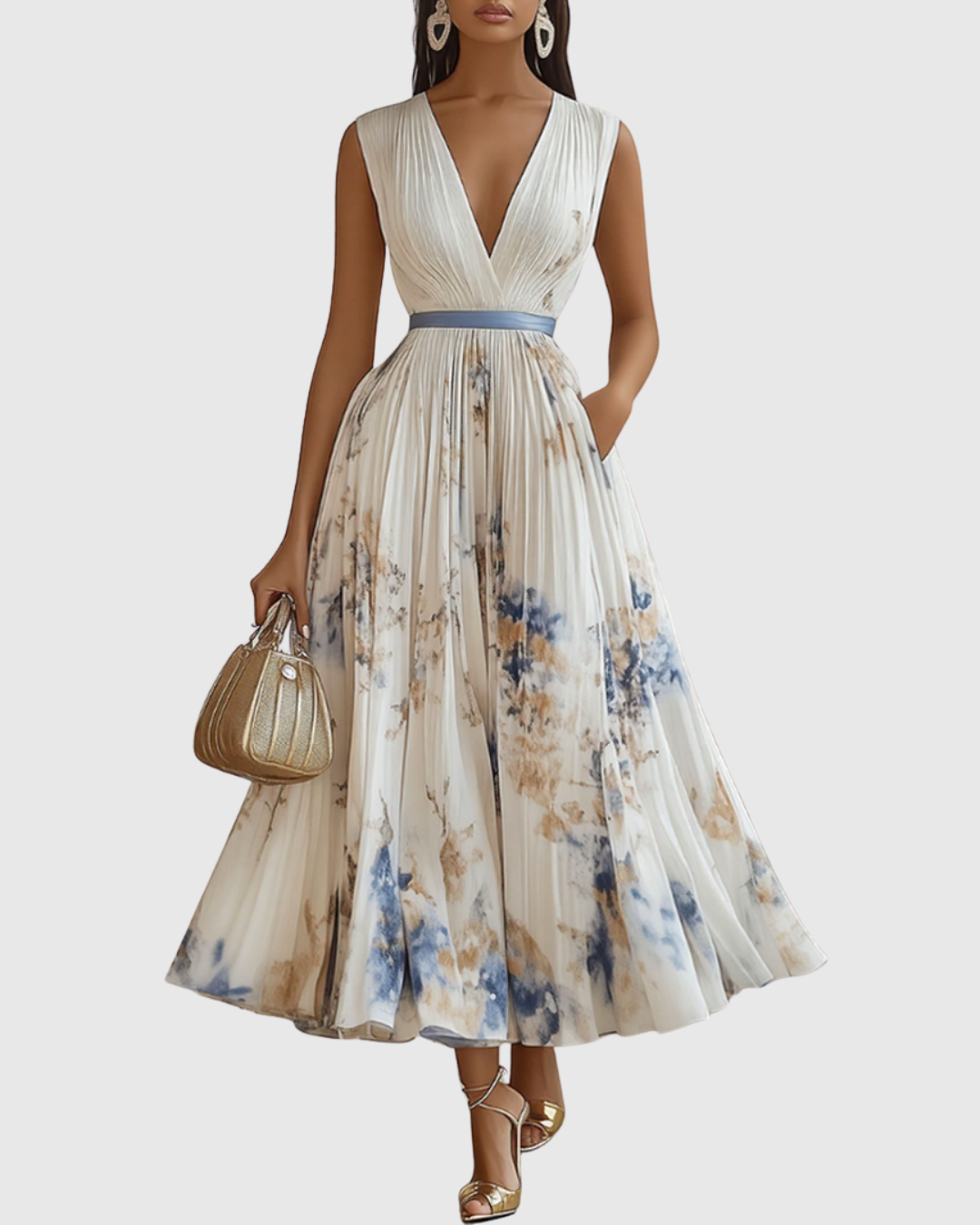 Evelina | Pleated Floral Maxi Dress with Tie Waist