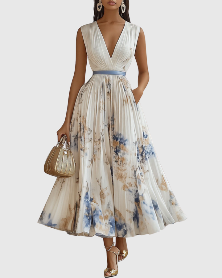 Evelina | Pleated Floral Maxi Dress with Tie Waist