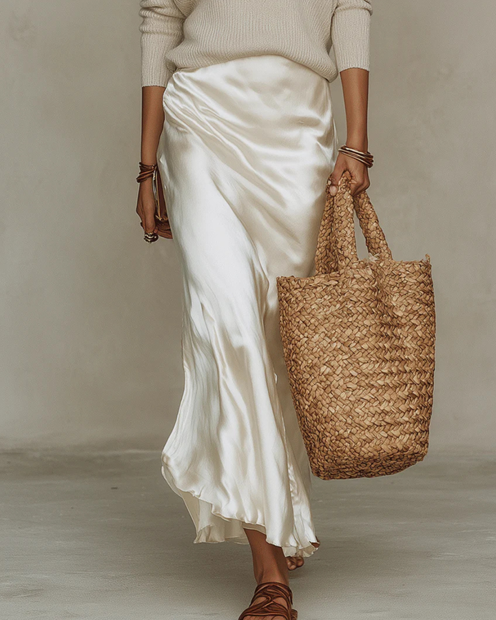 Elene | Elegant V-Neck Satin Midi Dress & Knit Set