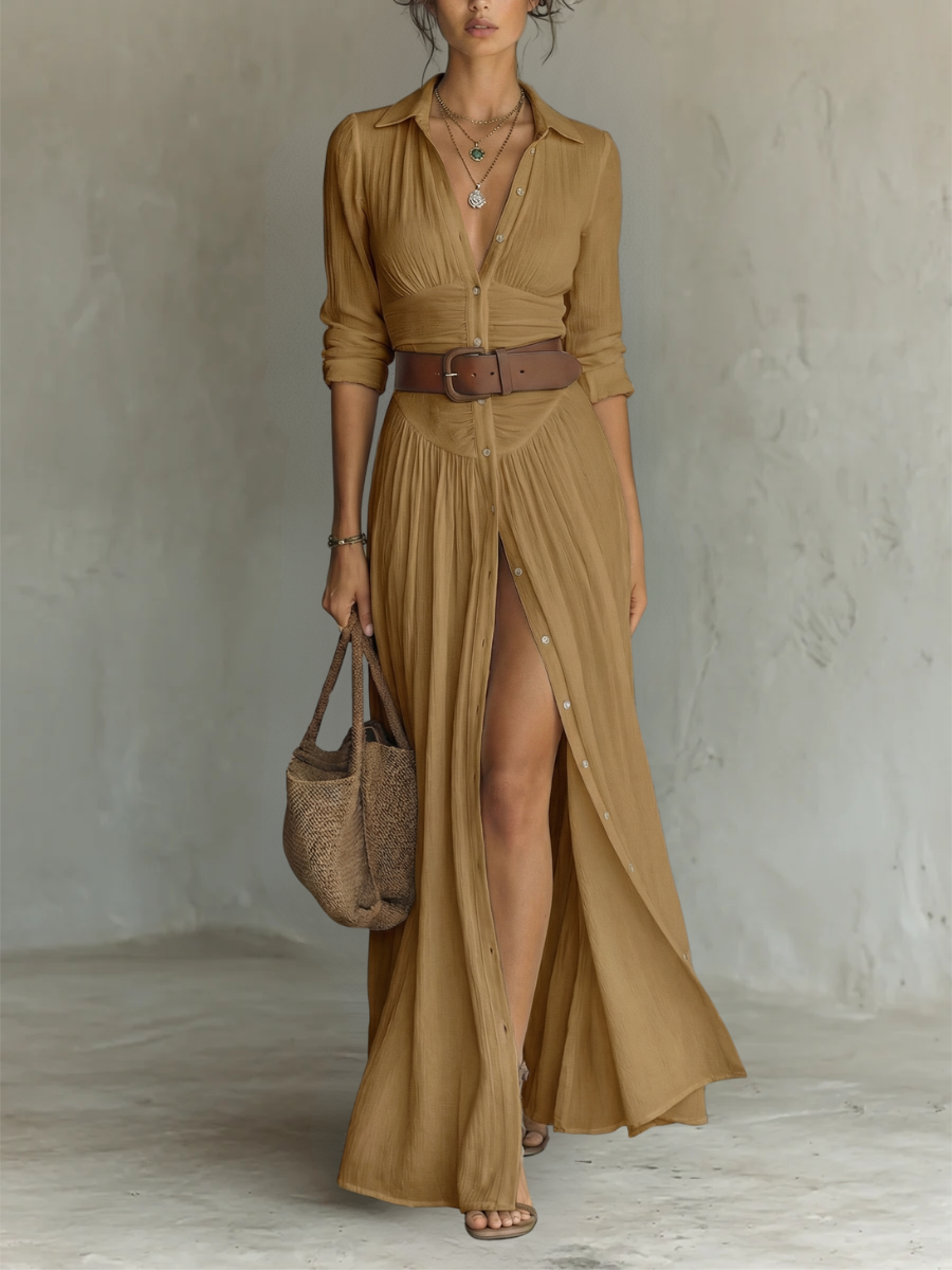 Rosalie | Elegant Pleated Maxi Shirt Dress