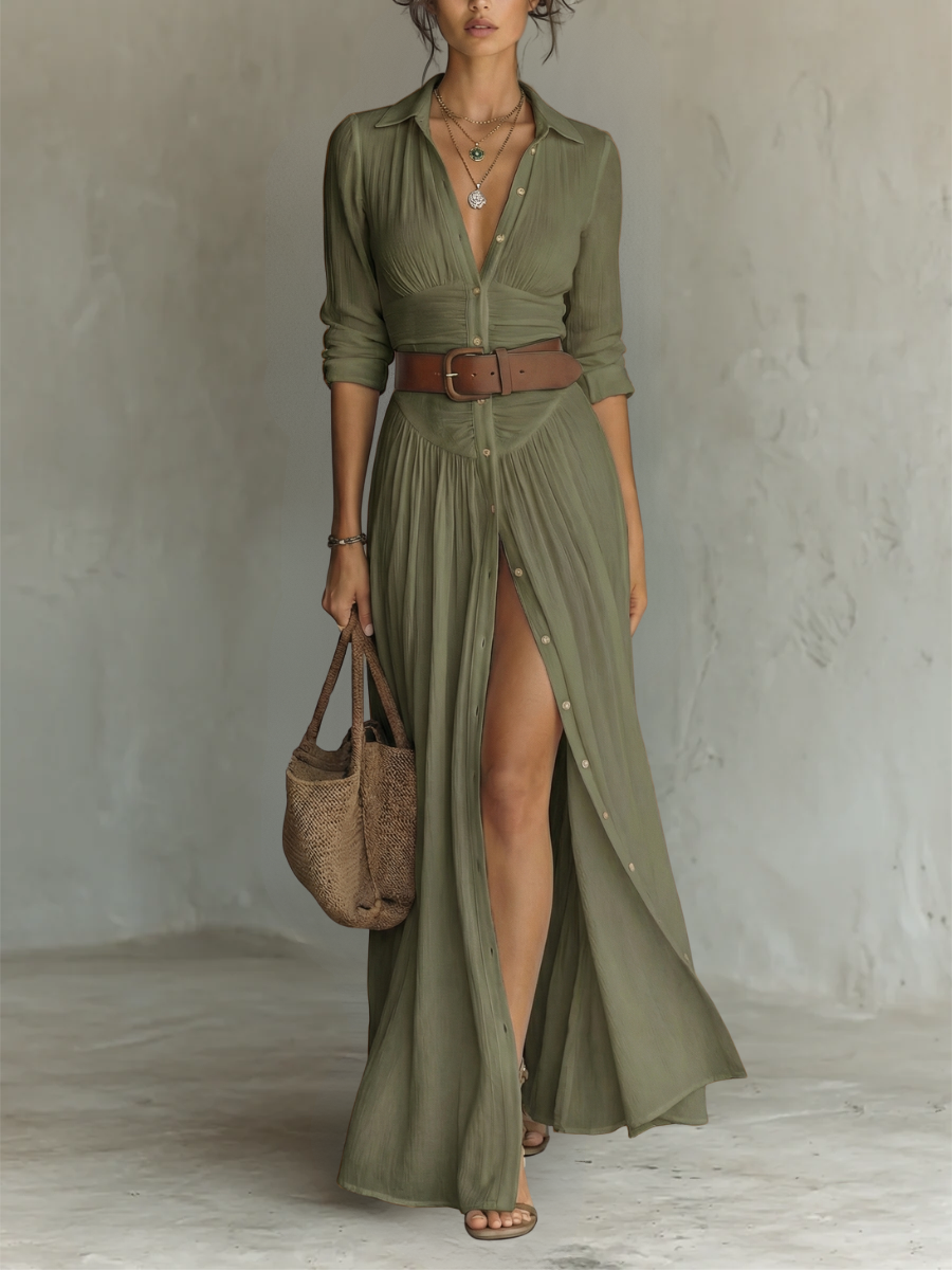 Rosalie | Elegant Pleated Maxi Shirt Dress