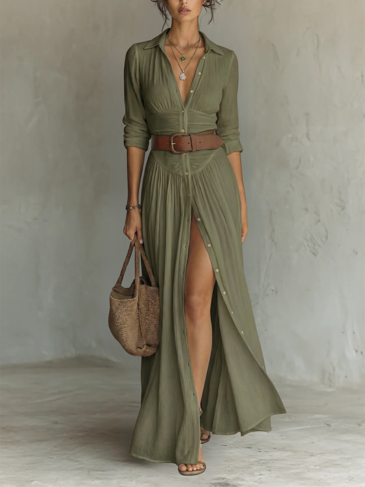 Rosalie | Elegant Pleated Maxi Shirt Dress