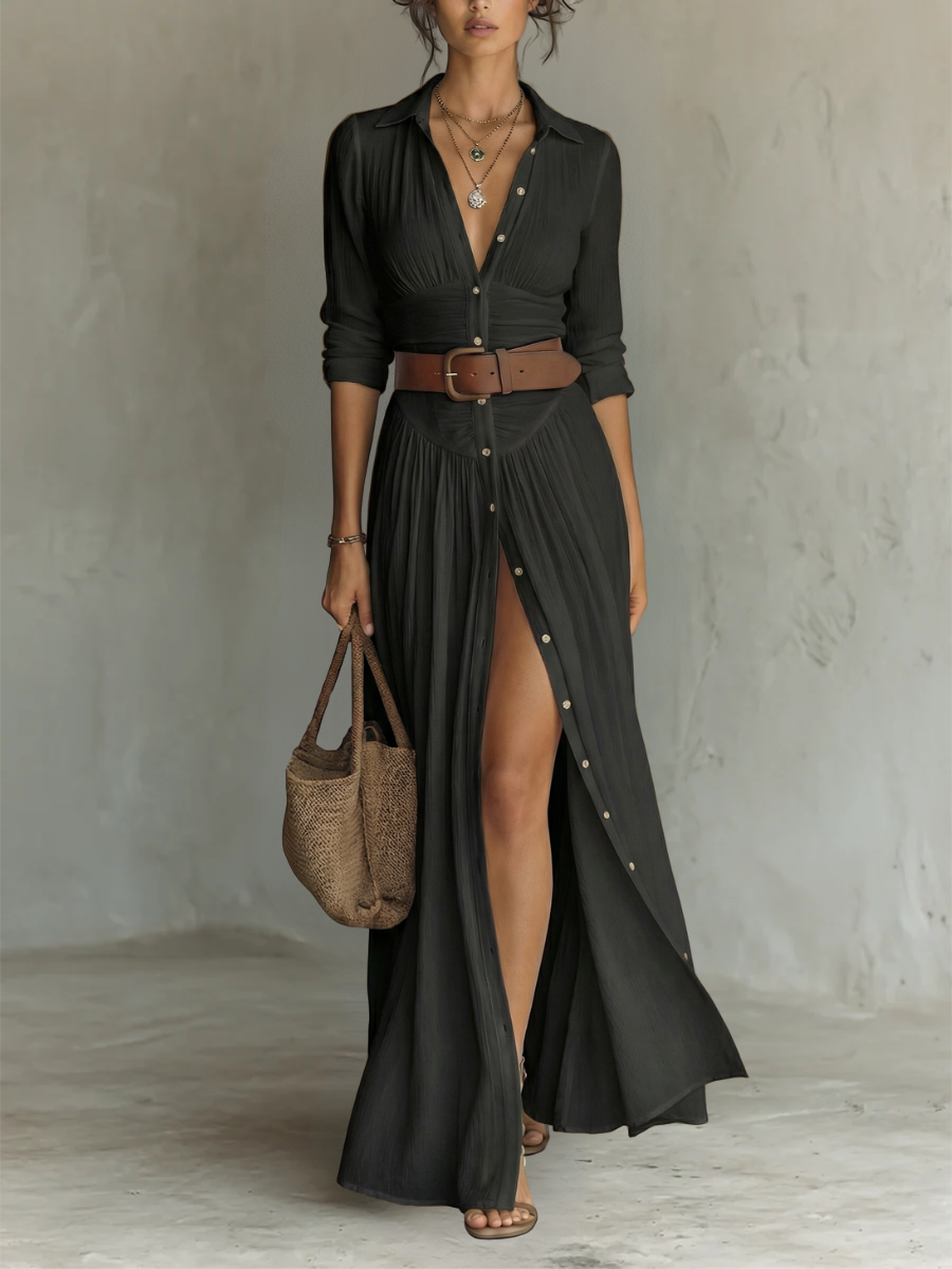 Rosalie | Elegant Pleated Maxi Shirt Dress