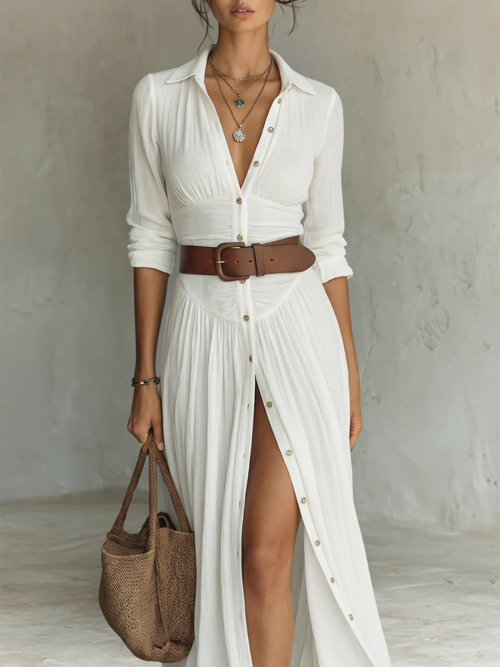 Rosalie | Elegant Pleated Maxi Shirt Dress