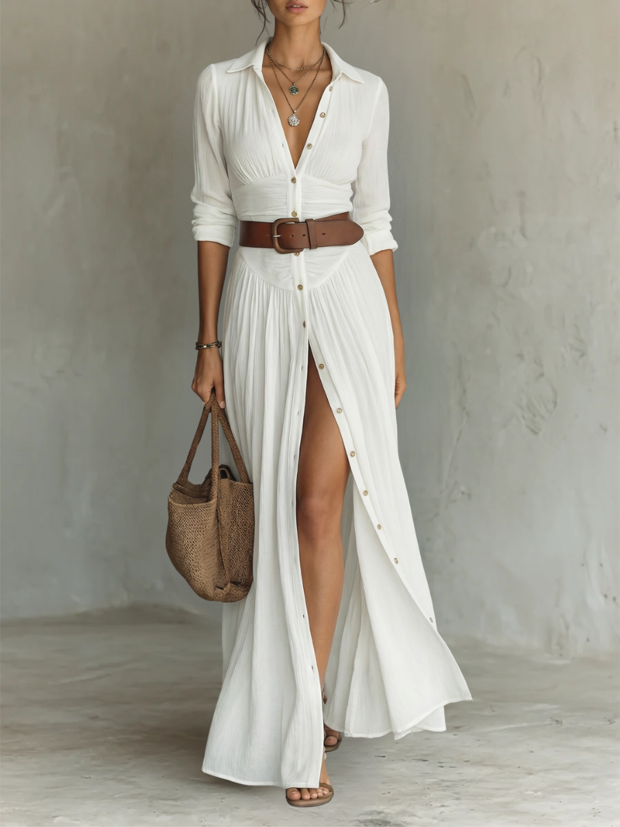 Rosalie | Elegant Pleated Maxi Shirt Dress