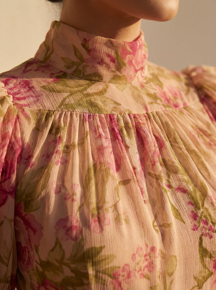 Rosario | Elegant Floral High Neck Chiffon Dress