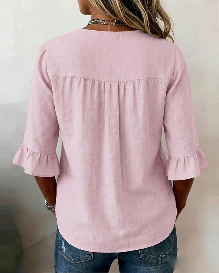 Claudette | Linen Blend Button Detail Ruffle Blouse