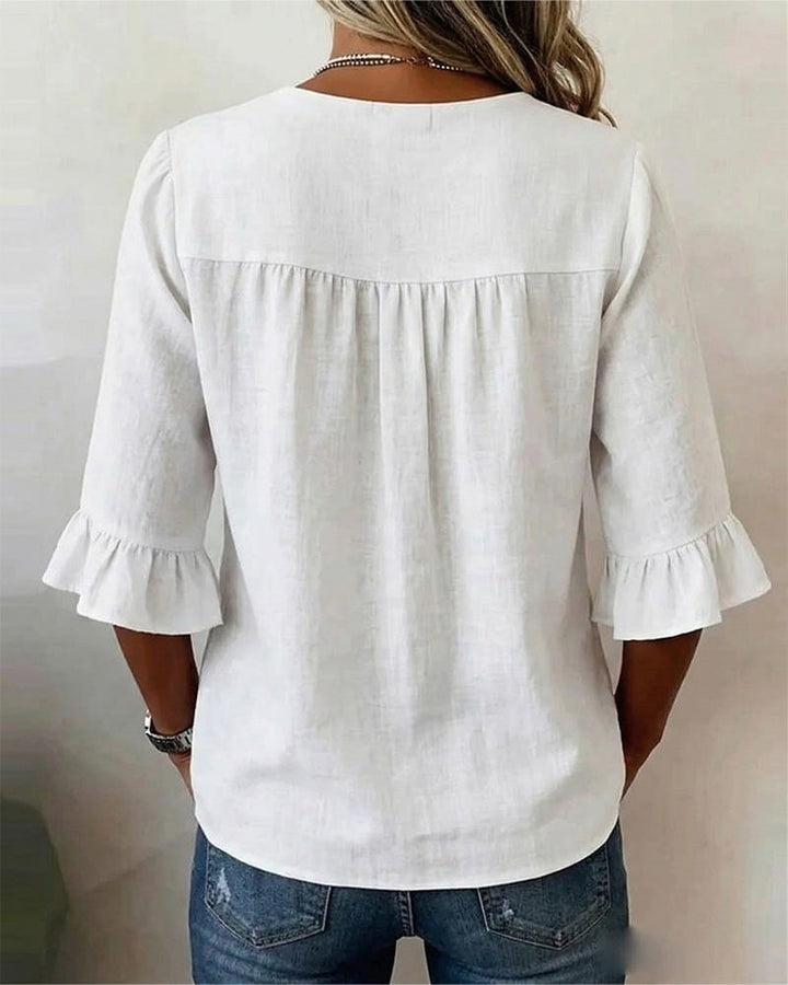 Claudette | Linen Blend Button Detail Ruffle Blouse