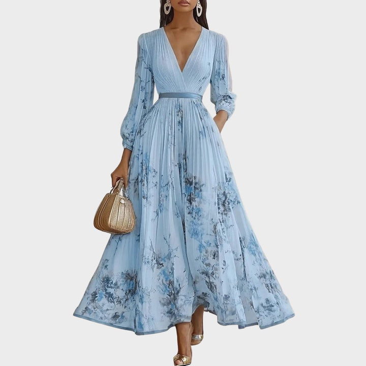Evelina | Pleated Floral Maxi Dress with Tie Waist