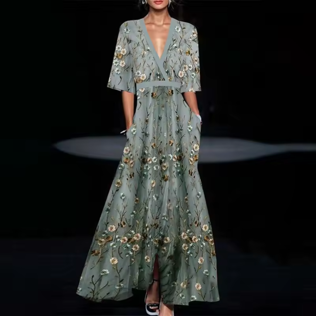 Hazel - Belted V-Neck Floral Maxi Dress