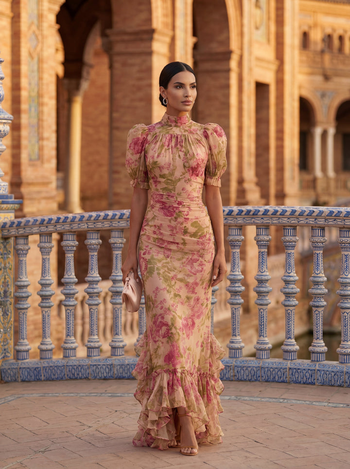 Rosario | Elegant Floral High Neck Chiffon Dress
