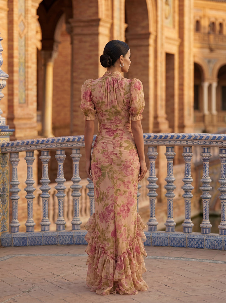 Rosario | Elegant Floral High Neck Chiffon Dress