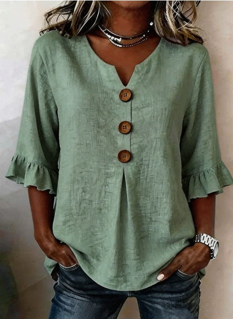 Claudette | Linen Blend Button Detail Ruffle Blouse